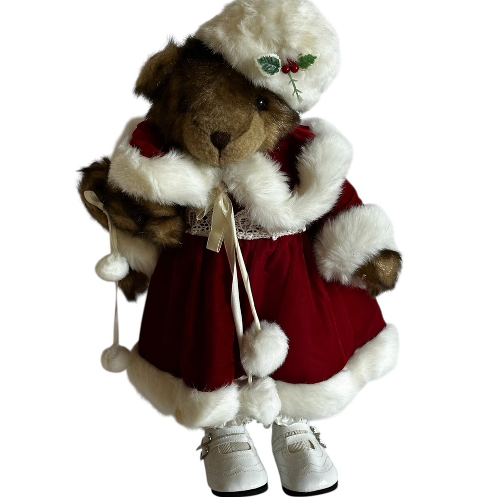 Festive Teddy Bear in Red Santa Outfit, Mamá Bear Holding Cub